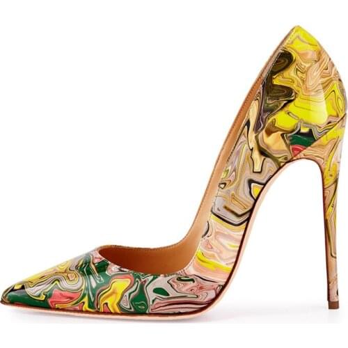 Woman Sexy Multicolors Melted Patent Leather Pumps Shallow Cut Spring Single Dress Shoes Thin High Heels Banquet Party Heels