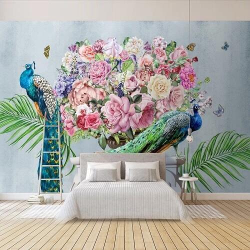 Custom 3D Wallpaper Vintage Pastoral Peacock Flower Plant Mural 3D Living Room Sofa Background Wall Decoration Photo Wall Paper