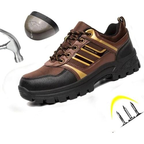 Safety Shoes Men Leather Mesh Lace Up Rubber Sole Steel Toe Anti Smashing Wearable Non-slip Puncture Proof Industrial Work Boots