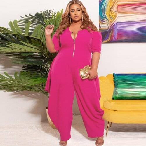 XL-5XL Plus Size Zipper Front Oversize Jumpsuit Women Half Sleeve Loose Full Length Romper Office Lady Female Draped Overalls