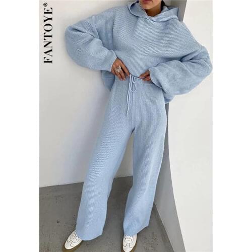 FANTOYE Casual Knit Hoodied With Pocket Two Piece Sets Women Solid Long Sleeve Top Wide Leg Pant Outfit Streetwear Tracksuit New