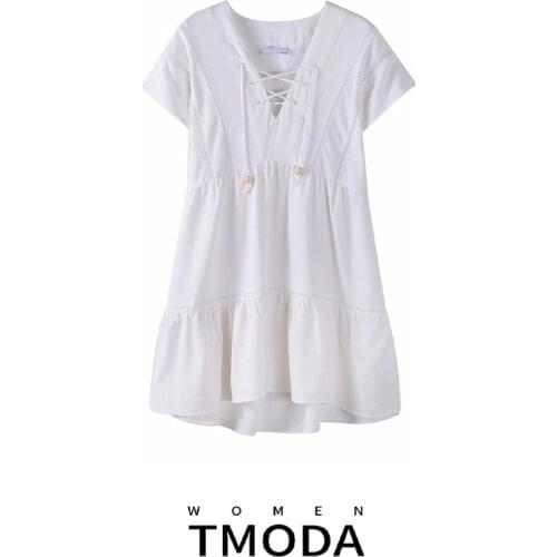 TMODA1403 2021 Summer Za Women Fashion V-neck Short Sleeve Lace Joint Dress Female Lady Chic White Chic Mini Dresses