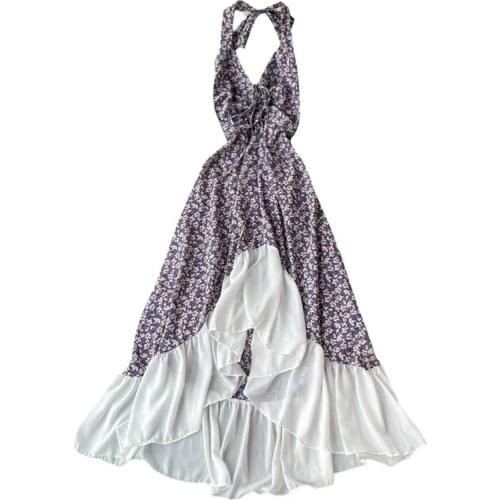 2021 New Summer Women Sexy Halter Backless Vacation Dress Sweet Floral Irregular Ruffles Hem Patchwork Chiffon Long Dress