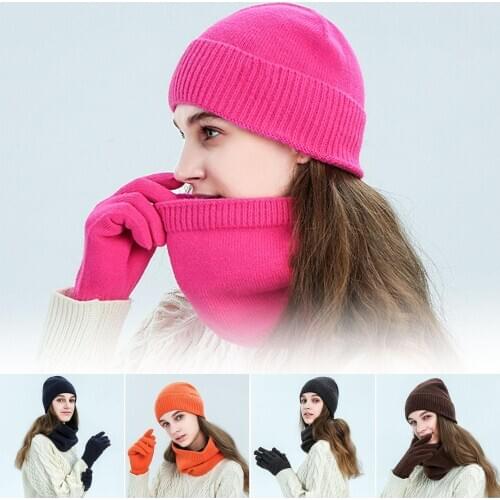 Winter Knitting Beanie Hat Scarf Gloves Sets Women Cap Plush Long Scarf Female Solid Warm Thicken Plush Gloves Scarf Caps Set