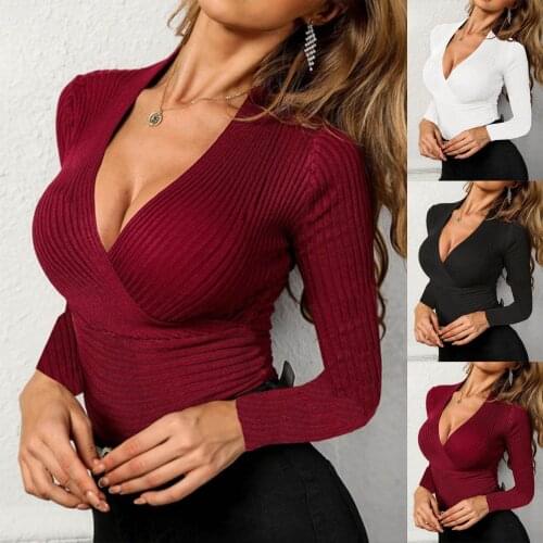 2021 Autumn Blouse Women Fashion Sexy Casual Solid V Neck Daily Knitting Holiday Shirt Blouse Tops