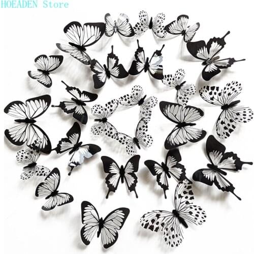 24 pcs/set Black white 3D butterfly Wall Sticker Wedding Decoration bedroom living room Home Decor