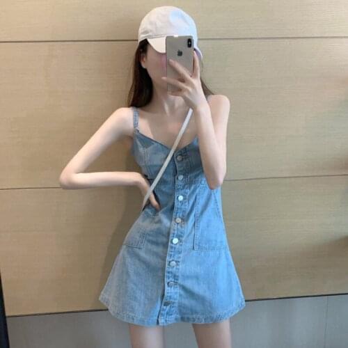#2452 Black Blue Denim Cotton Mini Dress Women V neck Sleeveless Sexy Short Dress Female Single Breasted Jeans Dress Backless