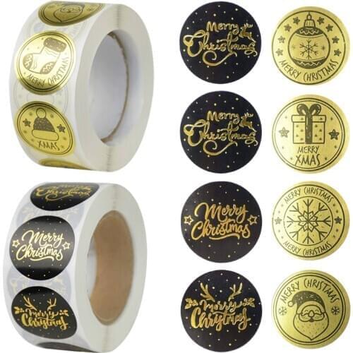 500pcs/roll Merry Christmas Sticker Xmas Black Gold Kraft Paper Letter Stickers Christmas Candy Bag Sealing Label For Xmas Gifts