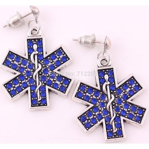 Antique silver plated zinc studded with sparkling Blue crystals EMT Emergency Medical Technician pendant Drop Earrings