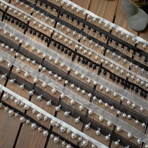White/Black Pearl Beaded Fringe Lace Trim Tape Lace Ribbon African Lace Fabric Collar Dress Sewing Garment Headdress Materials