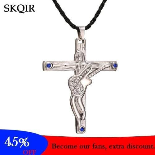 Fashion Personalized Cross Necklace Blue Stone Guitar Pendant Stainless Steel Women Men Jewelry Leather Chain Christian Gift