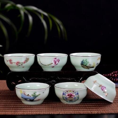 6pcs/set Celadon Teacup Flower Paterrn Kungfu Tea Set Chinese Tea Bowl Drinkware 50ml for Puer Drinking Tool