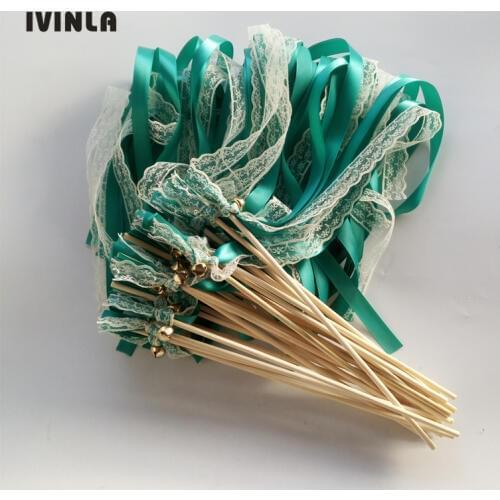 Hot Selling 50pcs/lot Green wedding wands with Cream lace for wedding decoration