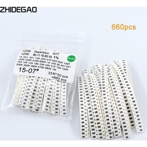 1206 SMD Resistor Kit Assorted Kit 1Ohm-1M Ohm 1% 33valuesX 20pcs=660pcs Sample Combination Hot