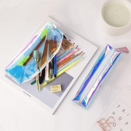 Laser fashionable fluorescent transparent PVC pencil case portable large capacity student stationery storage pencil case
