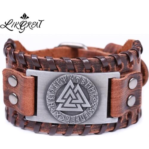 LIKGREAT Slavic Norway Valknut Amulet Leather Bracelets Engraved Scandinavian Triangle Viking Bracelets Runes Men Bracelet Gifts