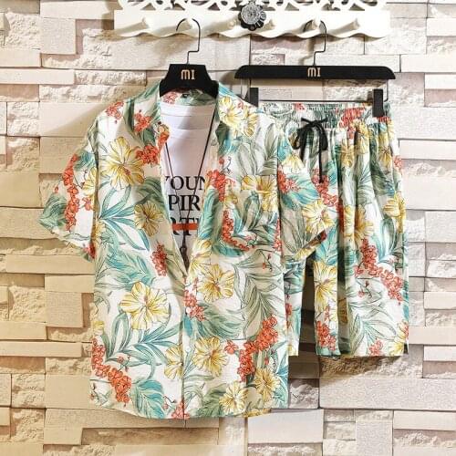 2020 Summer Floral Printed Shirt and Short Set Men Hawaiian Style Beach 2 Pieces Set