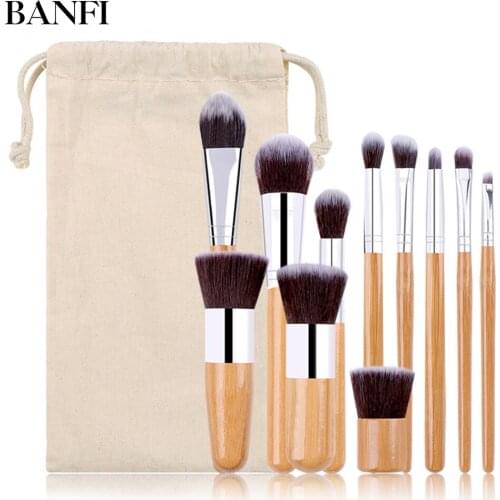 BANFI 11pcs Bamboo Handle Makeup Brush Set Professional Powder Cosmetics Blending Beauty Foundation Blush Eyeshadow Makeup Tools
