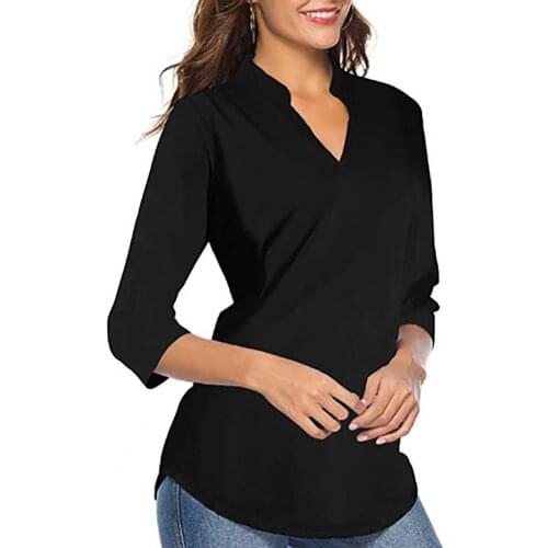 Solid Color Women Shirt Stand Collar Soft 3/4 Sleeve Loose Casual Blouse Ladies Clothing White/red/ black/gray
