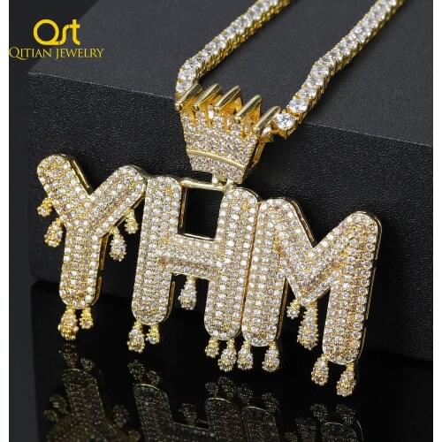 Customized Name Crown Bail Drip Initials Bubble Letters Chain Pendant Name Necklaces For Men Women Cubic Zircon Hip Hop Jewelry