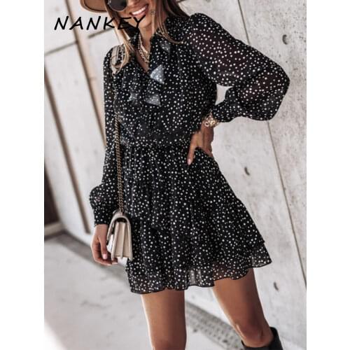 NANKEY Women Polka Dot Ruffles Dresses Summer Fashion Mini Dress V-Neck Ladies Vestidos Boho Beach Holiday Above-knee Dress