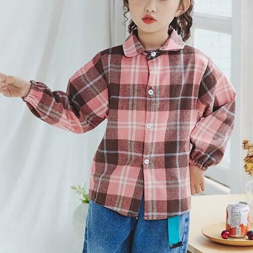 Kids Girls Shirts Plaid Printing Long-sleeved Blouse Student Costume Spring Autumn Casual Tops 2021new