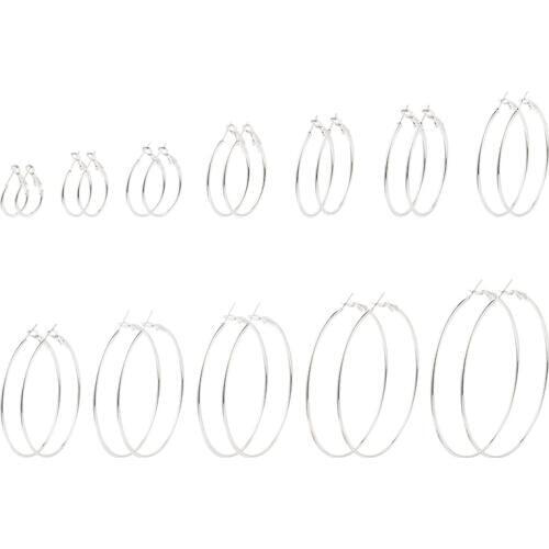 Pandahall 12pairs/bag Ring Circle Iron Earrings Hoop Set for Jewelry Making Women Earring Gifts Silver Color 25~69x1.5mm