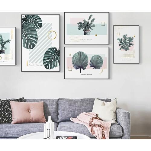 Nordic Minimalistic Green Plant Leaf Canvas Painting Geometric Figure Photo Wall Art Pictures Poster Mural Home Decor Painting