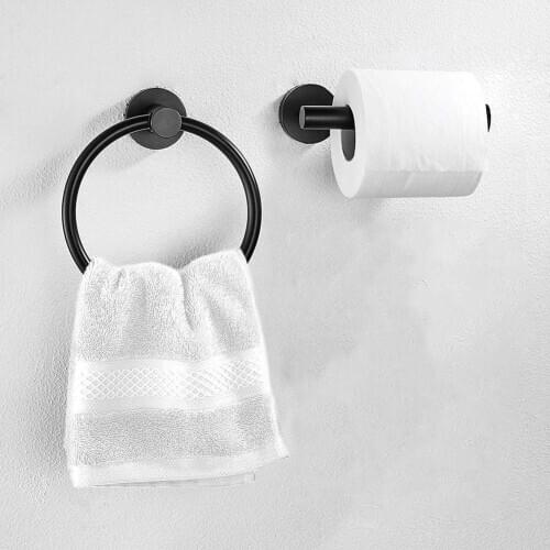Bathroom Hardware Black Towel Ring and Toilet Paper Holder Stainless Steel Bathroom Hand Towel Holder Towel Hanger Wall Mounted