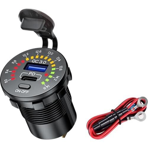 USB Charger QC3.0 + PD Cigarette Lighter USB Type C Socket with LED Streamlight Voltmeter On/Off Switch for Car Motorcycle Boat