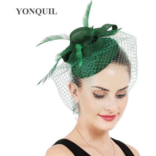 Female Formal Dress Cockrail Mesh Fascinator Hats Elegant Ladies Womens Vintage Wedding Fedora Hats With Fancy Feather Headpiece