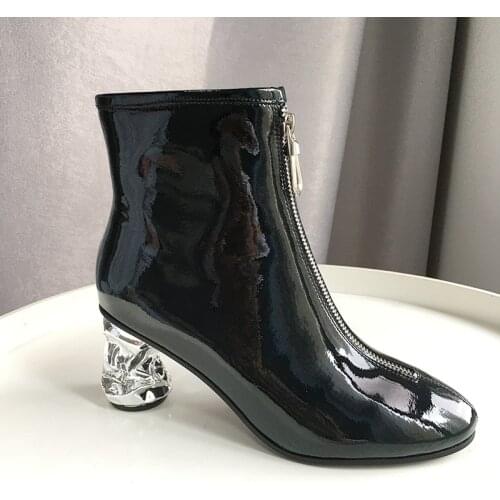 Phoentin cow leather ankle boots women side zipper closure fake zip decoration female shoes Gradient green Electroplated FT765