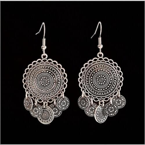 Retro Round Bollywood Womens Ethnic Earrings Silver Color Flower Afghan Drop Jhumka Indian Earrings Wedding Jewelry