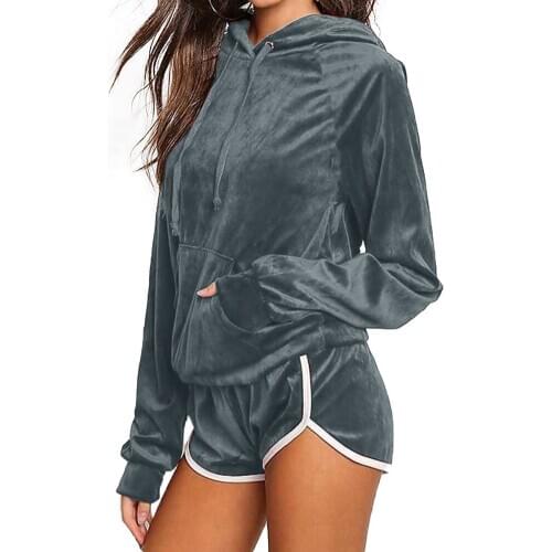 Women Solid Casual Pajamas Top&Shorts 2PCS Solid Long sleeve Casual Fitness Hoodies Sweatshirts+Elastic waist Shorts Clothing