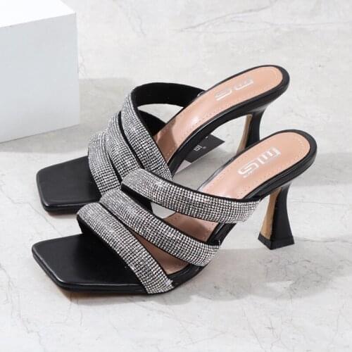 2021Summer Female Sandals Rhinestone Cross-Border Europe USA New Sexy Wearing Flip-Flop Comfortable Thin High Heel Peep-Toe Shoe