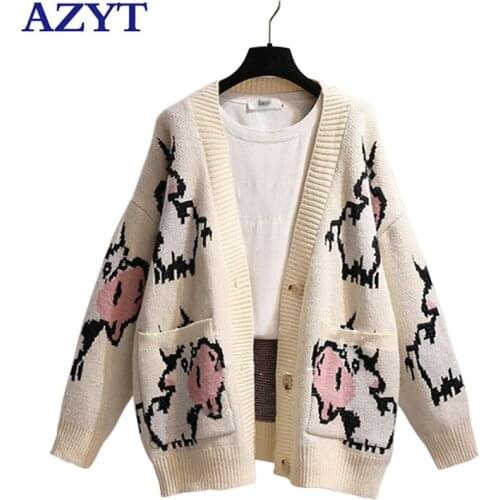 AZYT Cute Cartoon Print Women Sweater Cardigan Korean Loose V Neck Knitted Cardigan Jacket Female 2021 Autumn Casual Pull Femme