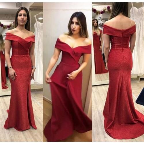 Elegant Long Red Off Shoulder Mermaid Evening Dresses Pleated Zipper Back Glitter Abendkleid Robes de Soirée for Women