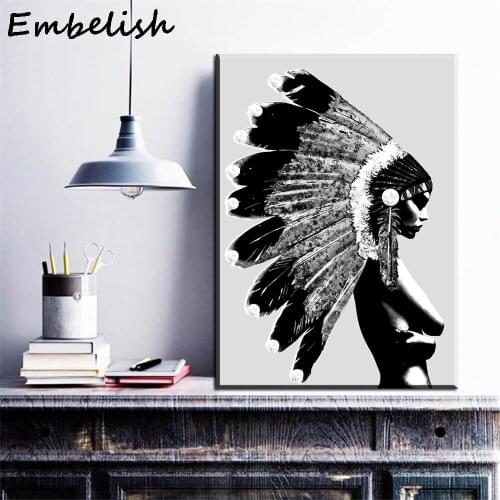 1 Pieces White And Black Indian Girl With Feathers Modern Home Decor Wall Art Pictures For Living Room HD Canvas Oil Paintings