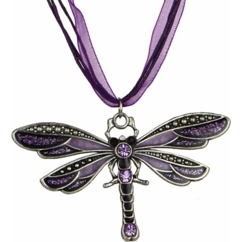 12PC Wholesale Purple Retro Crystal Dragonfly Rhinestone Charm Necklace Vintage Rope Long Sweater Women Girl Friend Jewelry Gift