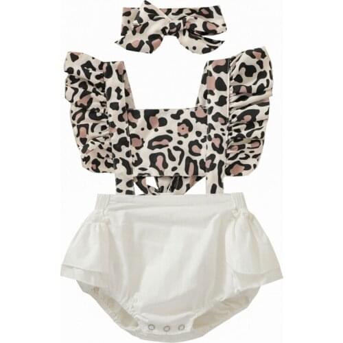 Pudcoco 2Pcs Baby Girls Butterfly Short Sleeve Leopard Print Backless Bandage Hollow Out Bowknot Romper Loose+Headwear Clothes