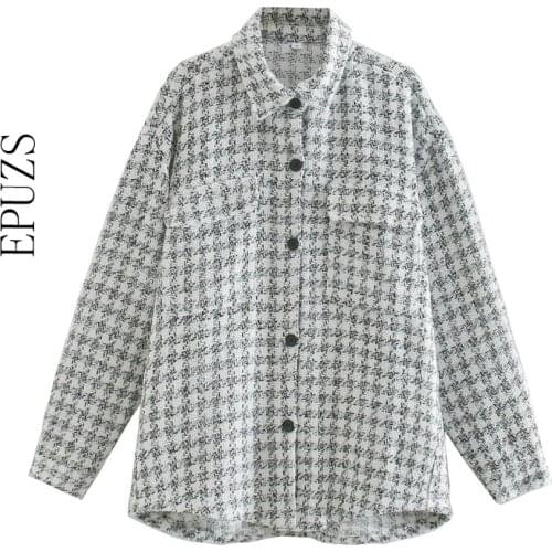 2021 vintage Textured Tweed Jacket Women plaid coat Fashion Pockets Lapel Collar shirt jacket casual Oversized outwear