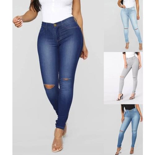 Pierced denim pants slim fit high waist solid color womens denim pants spring and summer new versatile fashion pants SAGACE