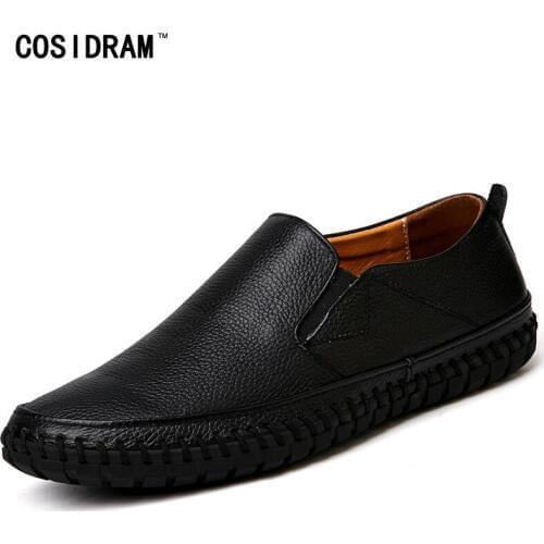 COSIDRAM 2018 Soft Genuine Leather Men Loafers Flat Shoes Casual Moccasins Men Flats Plus Size 45 46 47 BRM-016
