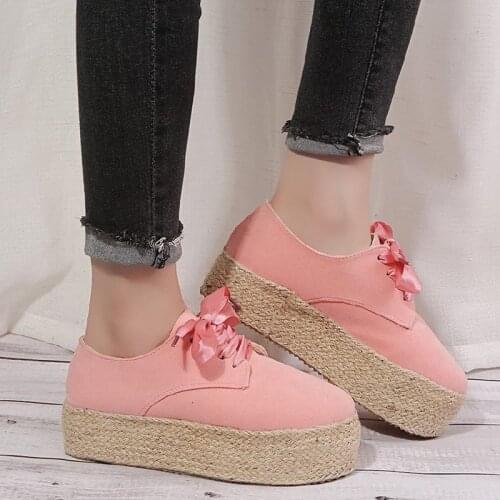 Fashion Women Ladies Espadrille Shoes Canvas Thick bottom Flats Shoes Girls Lace up Round Toe Casual Flats