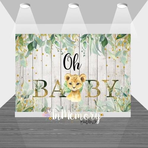 Oh Baby Photographic Background Wood Wall Baby Shower Newborn Photocall Banner Safari Party Animal Lion Tiger Birthday Backdrop