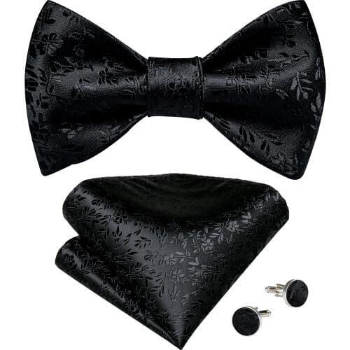 Black Floral Solid Self Tie Bow Tie Men Fashion Butterfly Silk Formal Business Wedding Party Bowtie Handkerchief Set DiBanGu