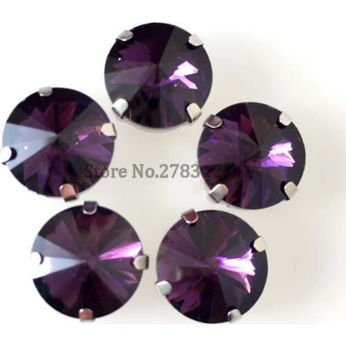 Deep purple round shape High quality Glass Crystal flatback sew on loose Silver claw rhinstones with four holes 20pcs/bag
