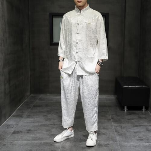 Satin Chinese Style Loose 2 Pcs Set Hanfu Silver Tang Suit Mens Big Size Poplin Propitious Clouds Dragon Print Oriental Costume