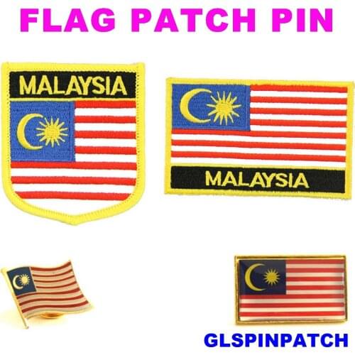 Malaysia FLAG Patch Rectangle Lapel Pin iron-on embroidered applique Hook Loop Badge