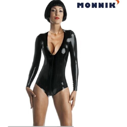 MONNIK latex Sexy Latex Catsuit Women V-collar Open Bust Rubber with Zipper Unique for Club
